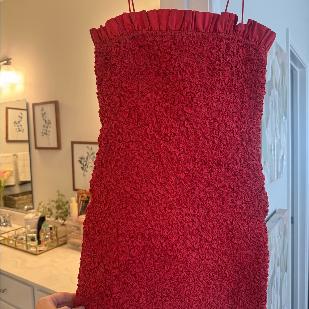 Miu Miu Red Textured Ruffled Strap Dress